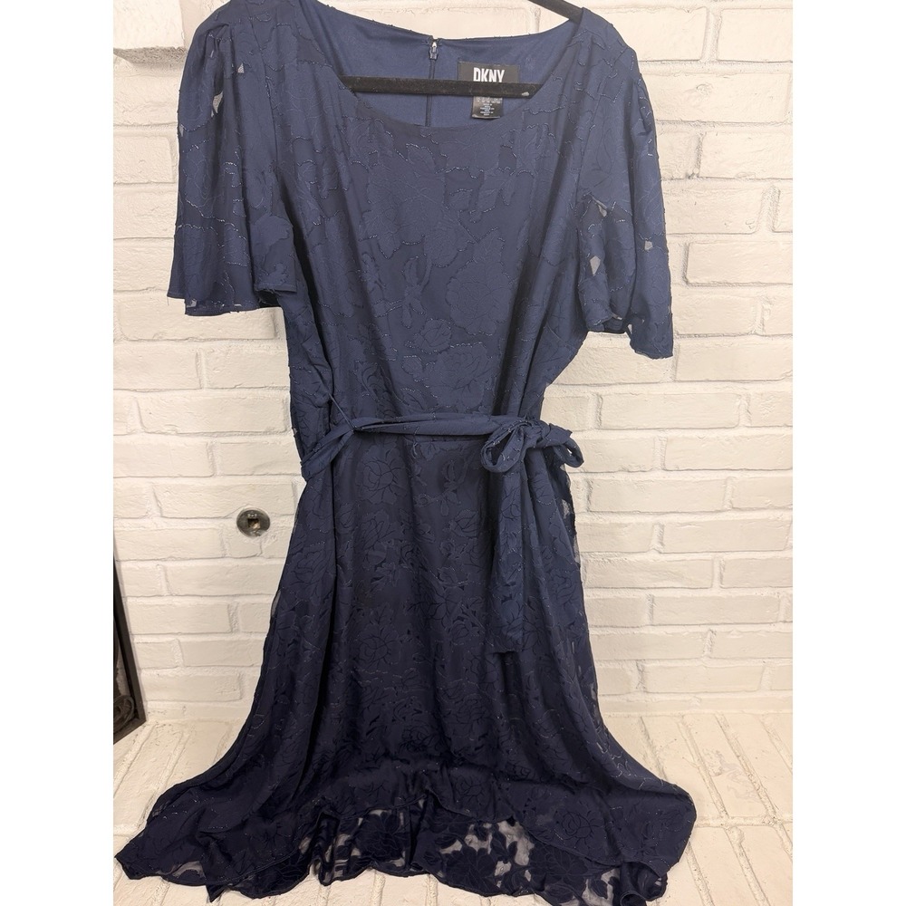 DKNY Womens Navy Burnout Floral Midi Dress Tie Waist Hi Low Size 16
